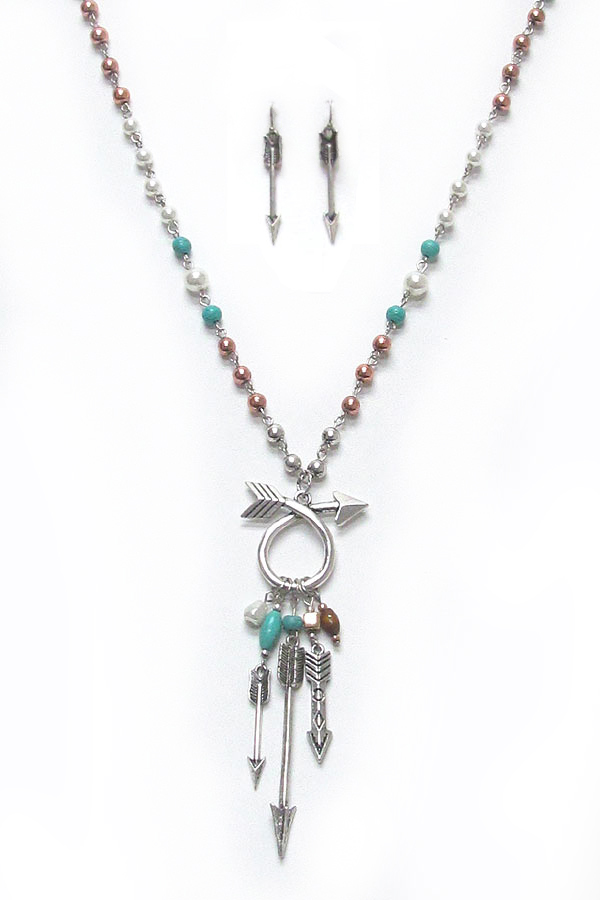 Multi bead arrow drop charm multi bead long necklace set