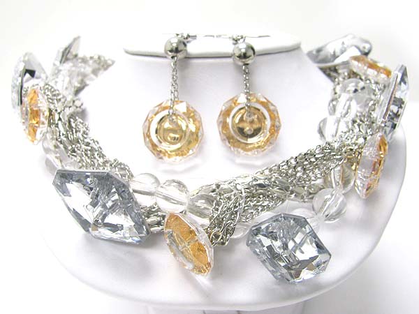 Ice beads and metal cahin tangle necklace earring set