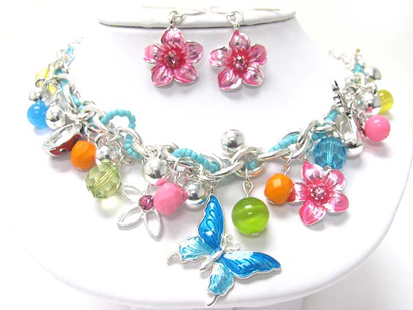 Enamel flower and butterfly charm dangle necklace earring set