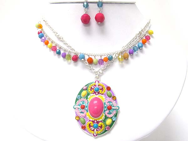 Beads and stone art deco oval pendant necklace earring set