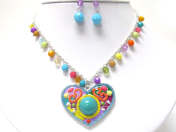 Beads and stone art deco heart pendant necklace earring set