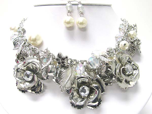 Crystal pearl deco metal flower link necklace earring set