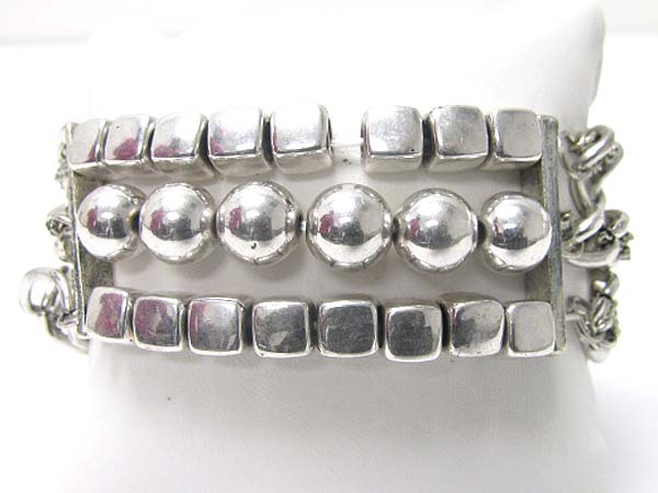 Triple row metal cube and ball stretch bracelet