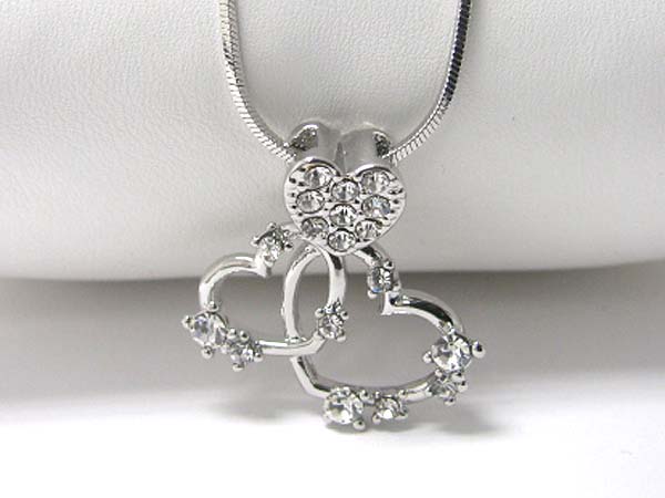 Made in korea whitegold plating crystal stud interlink hearts pendant necklace