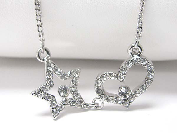 Made in korea whitegold plating crystal stud star and heart link necklace