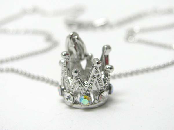 Made in korea whitegold plating crystal stud small miniature crown pendant necklace