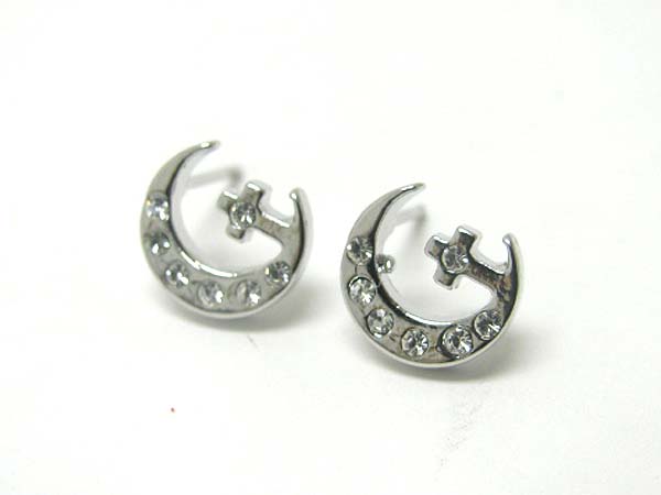 Made in korea whitegold plating crystal stud cross on moon post earring