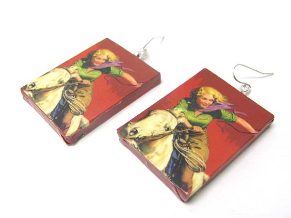 Paper art work wood earring - cow girl theme?