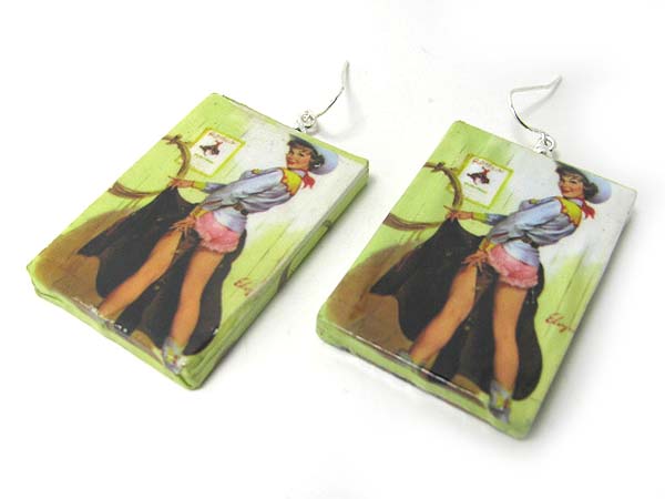 Paper art work wood earring - cow girl theme?