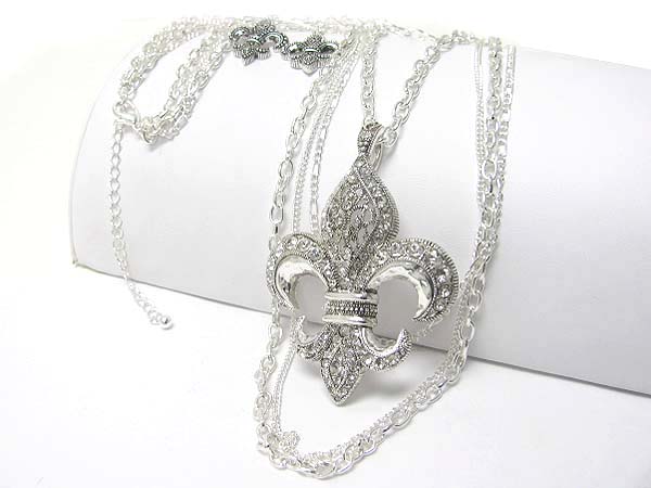 Crystal stud fleur de lis pendant long necklace earring set