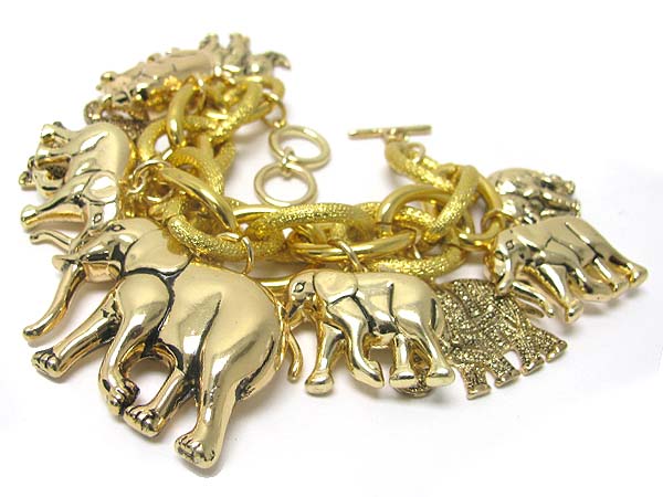 Multi metal elephant charm dangle chain toggle bracelet