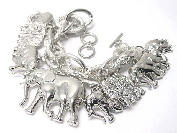 Multi metal elephant charm dangle chain toggle bracelet