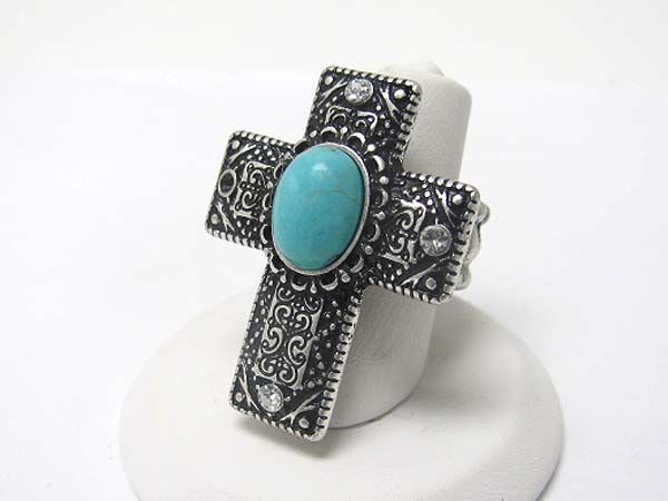 Turquoise stone stud textured metal cross stretch ring