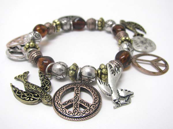 Peace theme metal textured charm stretch bracelet