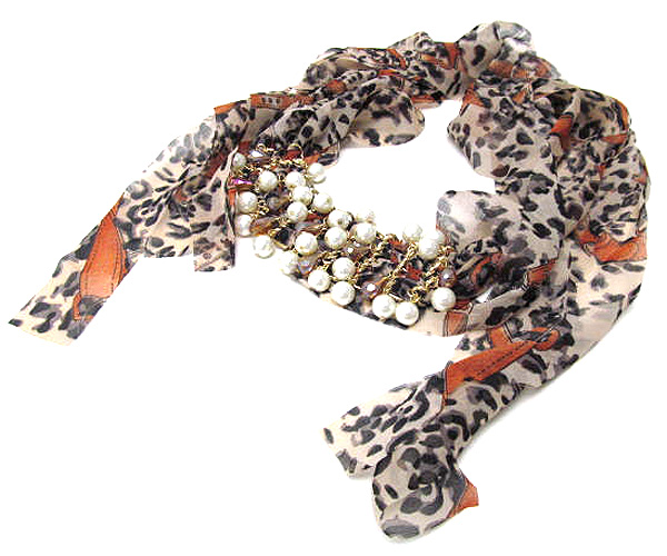 Crystal glasss and drop braided pearl with metal chain leopard print scarf necklace - 100% polyester