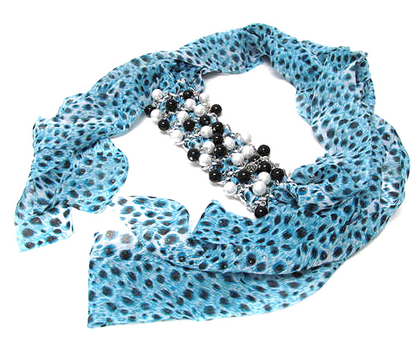 Drop braided metal chain pearl leopard print scarf necklace - 100% polyester