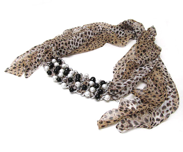 Drop braided metal chain pearl leopard print scarf necklace - 100% polyester