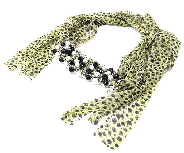 Drop braided metal chain pearl leopard print scarf necklace - 100% polyester