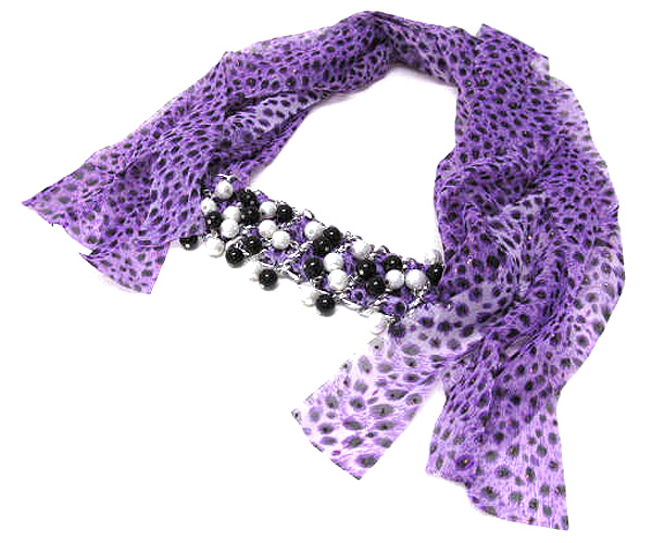 Drop braided metal chain pearl leopard print scarf necklace - 100% polyester