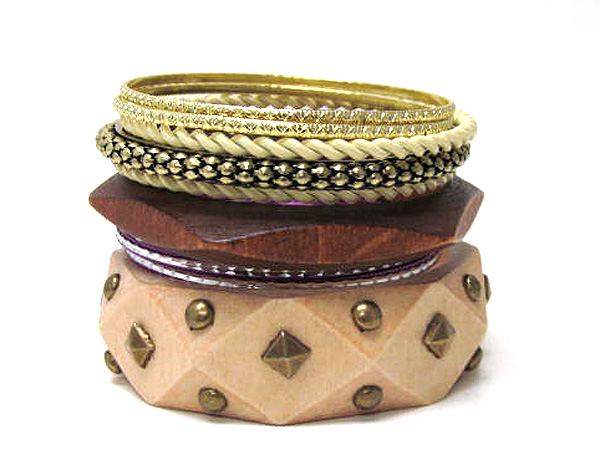 Multi metal and wooden fashion bangle set 9