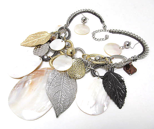 Multi tear drop shell and metal leaf dangle multi chain necklace earring set