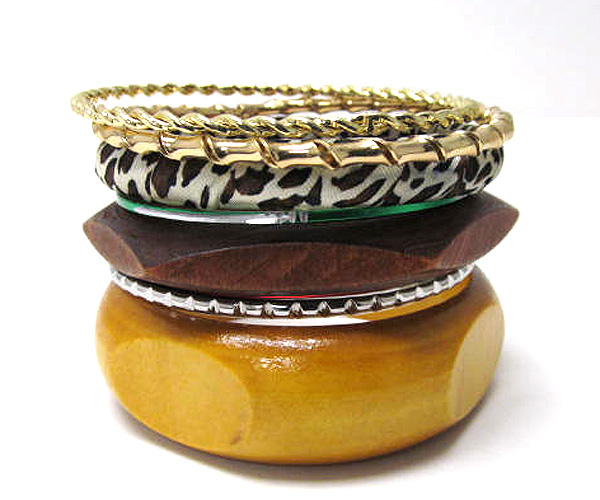 Multi metal and wooden fashion bangle set 7