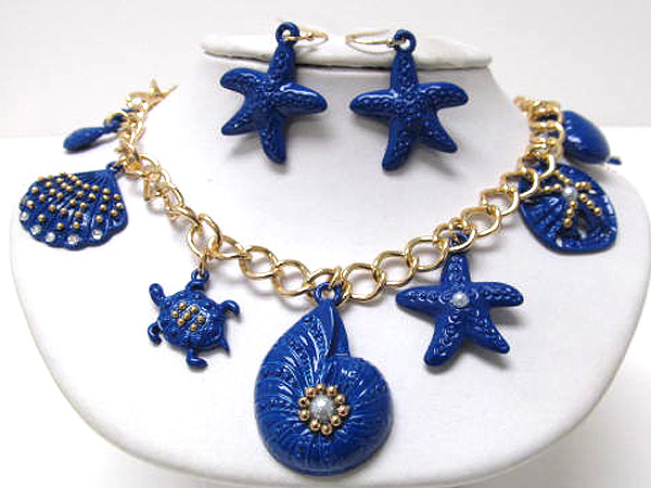 Multi metal seed beads on sea life theme charm fashion colorful dangle necklace earring set