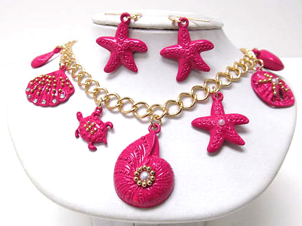Multi metal seed beads on sea life theme charm fashion colorful dangle necklace earring set
