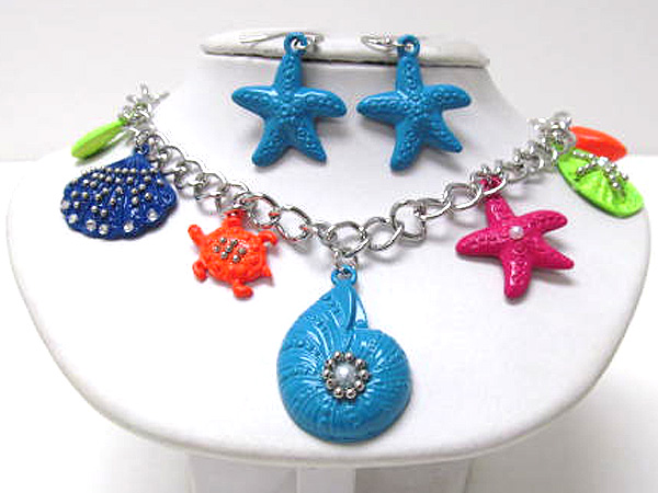 Multi metal seed beads on sea life theme charm fashion colorful dangle necklace earring set