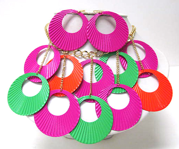 Round metal cut out fashion colorful disk chain necklace earring set 