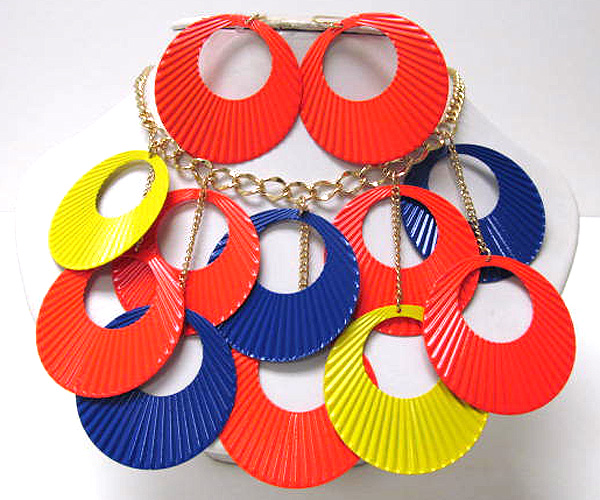 Round metal cut out fashion colorful disk chain necklace earring set