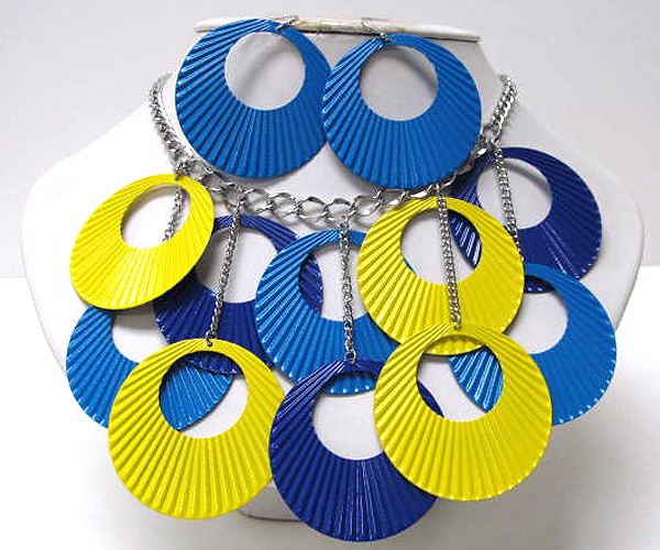 Round metal cut out fashion colorful disk chain necklace earring set 