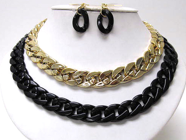 Double acryl and metallic colorful fashion thick chain link necklace earring set