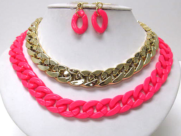 Double acryl and metallic colorful fashion thick chain link necklace earring set