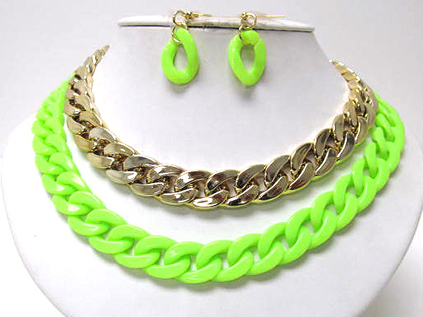 Double acryl and metallic colorful fashion thick chain link necklace earring set