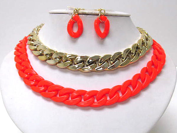 Double acryl and metallic colorful fashion thick chain link necklace earring set