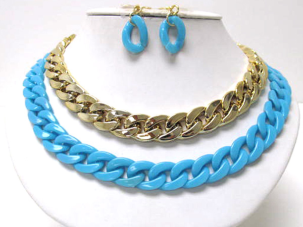 Double acryl and metallic colorful fashion thick chain link necklace earring set