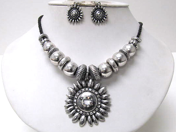 Crystal metal sunflower and multi metal balls with rings drop cord necklace earring set