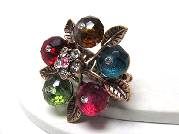 Crystal on crystal glass flower and metal leafs fashion stretch ring