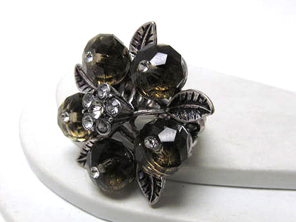 Crystal on crystal glass flower and metal leafs fashion stretch ring