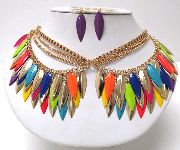 Metal fashion colorful leafs and multi chain long chain necklace earring set