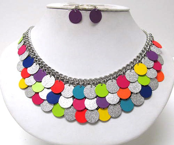 Multi metal sandy disk and metal colorful fashion disk chain necklace earring set