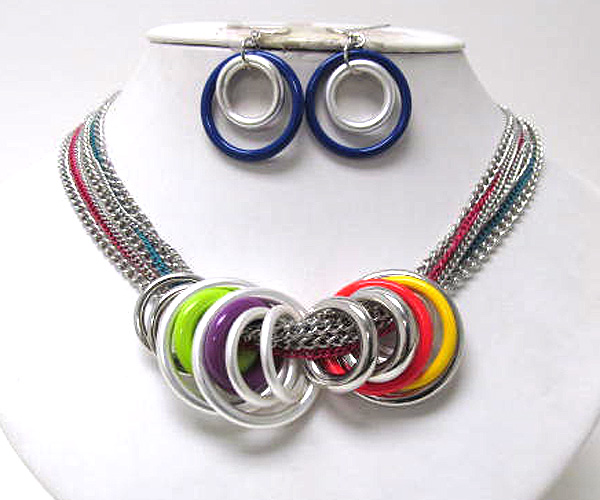 Metal ring and colorful acry ring  with multi chain necklace earring set