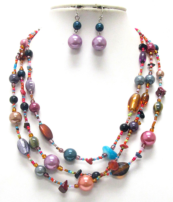 Multi strand beads necklace earring set