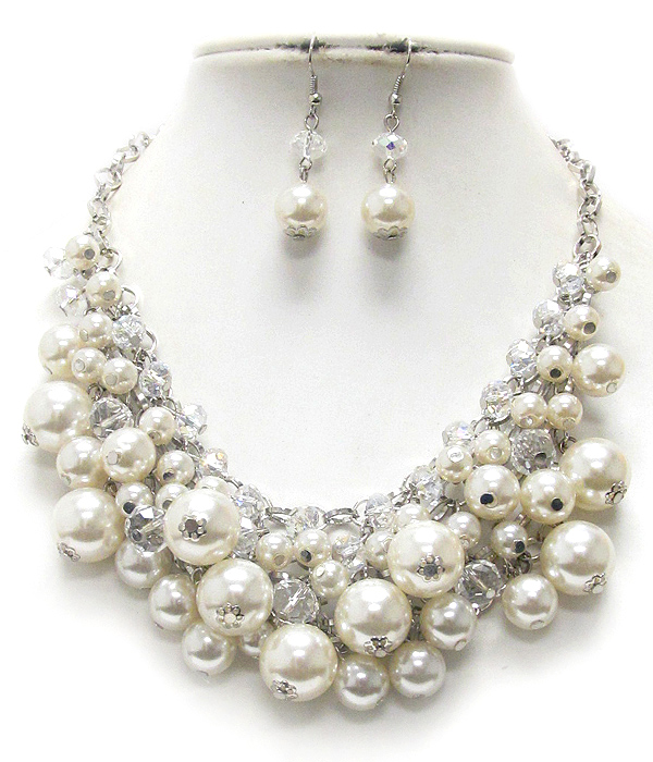 Multi strand metallic pearl ball and chain necklace set