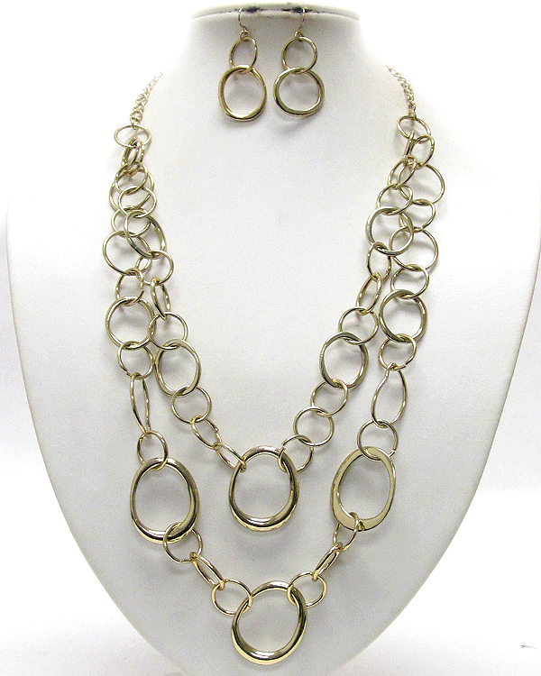 Metal round link long necklace and earring set