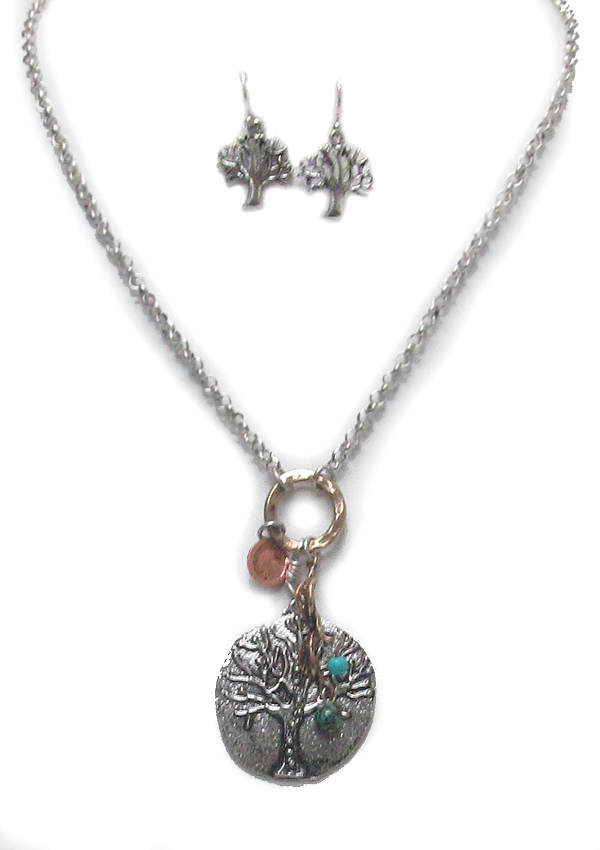 Vintage metal tree of life pendant drop necklace set 