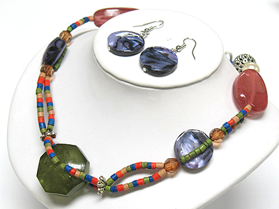 Resin and wooden tube liink necklace and earring set