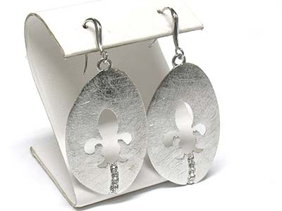 Crystal and fleur de lis cut out scratch metal disk drop earring - brass metal