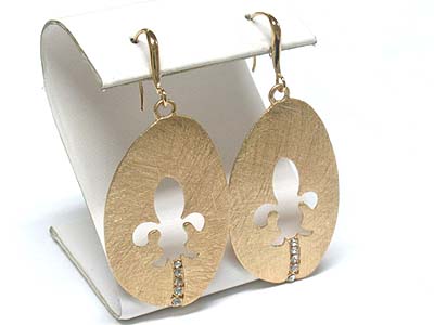 Crystal and fleur de lis cut out scratch metal disk drop earring - brass metal